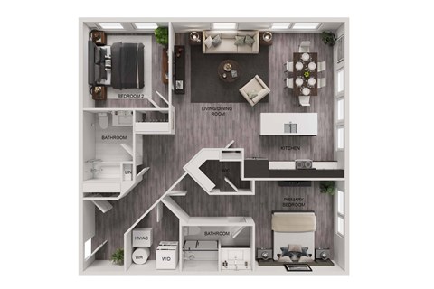 Floor plan for 2 beds, 2 baths, 1265 sqft
